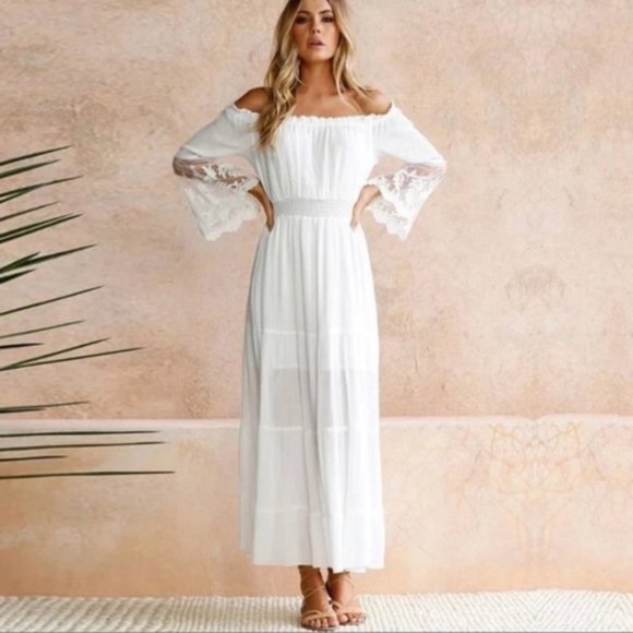 White Boho Maxi Dress Used Once Excellent Condition Size 6-8 US - Picture 1 of 5
